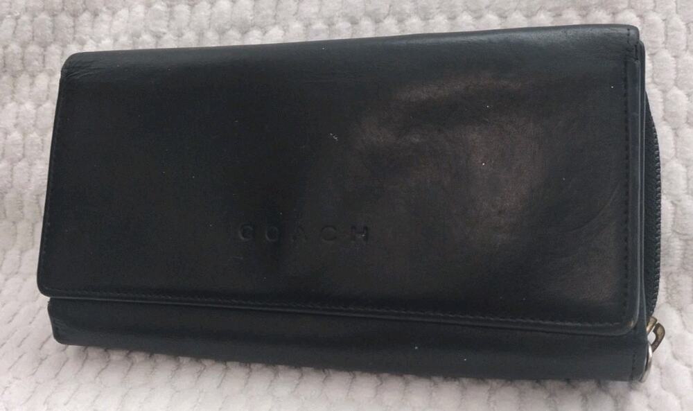 Vintage COACH Black Leather Flap Checkbook Organizer Clutch Wallet
